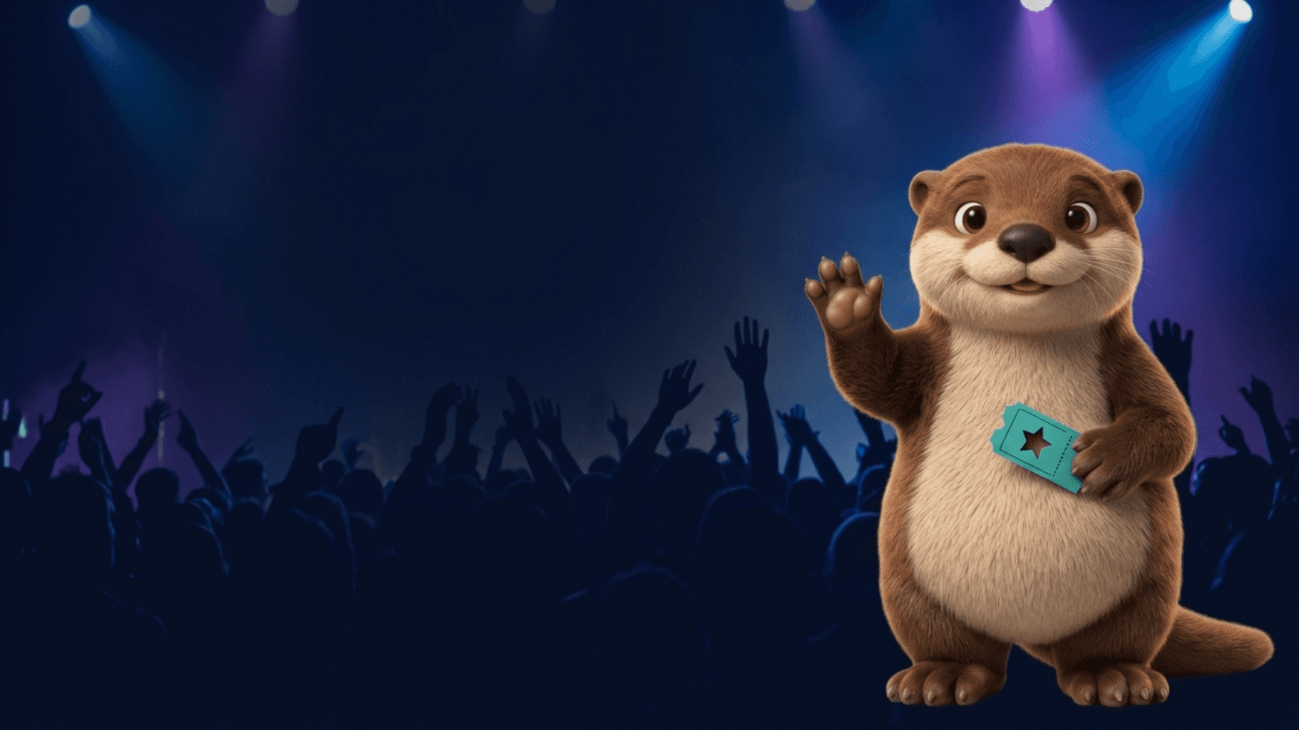 Otto, la nutria de OtterTicket, saludando con un boleto frente a una multitud de concierto